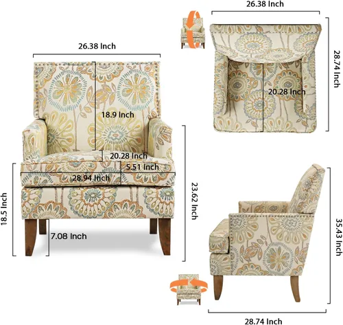 Vista 2 de Sofá con acento floral, silla con respaldo alado, cómoda silla de club, silla individual tapizada con brazos de lectura para sala de estar