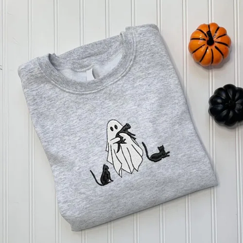 Vista 3 de My4gifts Sudadera bordada de temporada espeluznante, bonito diseño de fantasma, perfecta para mujeres, temporada de otoño