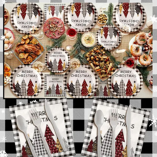Vista 5 de Dandat 400 piezas de platos y servilletas desechables de Navidad, juego de suministros para fiesta de Navidad de vajilla desechable para 50