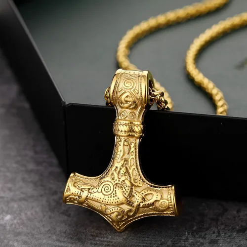 Vista 2 de HORHEAR Collar de Mjolnir con martillo de Thor, collar de cadena de acero inoxidable con colgante de Thor vikingo