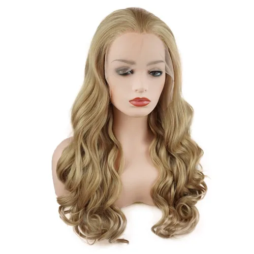 Vista 2 de Peluca de cabello ondulado largo de 24 pulgadas, mezcla de rubio de cuatro tonos, mitad atada a mano, densidad pesada, sintética, encaje frontal