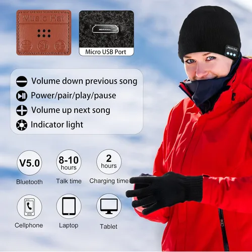 Vista 3 de 4 piezas de gorro Bluetooth para hombre, con luz LED inalámbrica de música, con guantes para hombres y mujeres, regalos deportivos