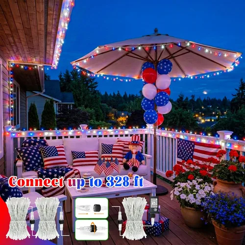 Vista 6 de Tira de luces rojas, blancas y azules, 66 pies, 200 luces LED para el 4 de julio, impermeables, con 8 modos, tira de luces conectables al aire libre