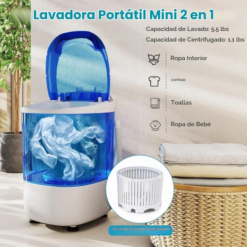 Vista 3 de Giantex Minilavadora portátil compacta, capacidad de 5.5 libras, pequeña lavadora de lavandería compacta con tambor giratorio y manguera de drenaje