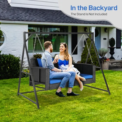 Vista 7 de Outvita Banco colgante de porche para 2 personas, banco de mimbre para exteriores con cojín y almohada para patio, jardín, soporta hasta 800 libras