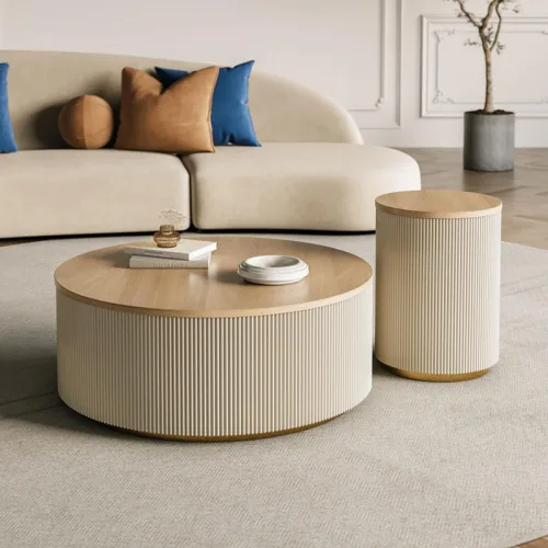 Vista 4 de SYALEO Mesa de Centro - Mesa de centro redonda moderna con almacenamiento y cajones, mesa de cóctel minimalista creativa de madera maciza, mesa