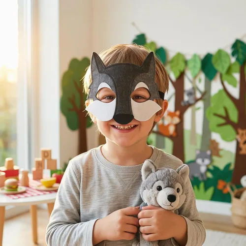 Vista 7 de Toyvian 3 máscaras de lobo de fieltro de animales de media cara máscara de disfraz decoración de disfraces regalos de fiesta para niños que usan gris