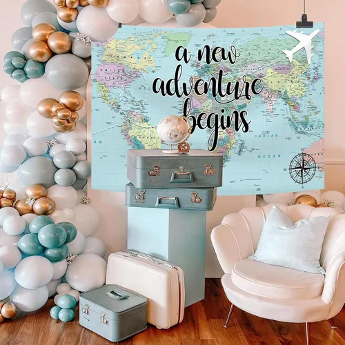 Vista 3 de Una nueva aventura comienza viajando niño, decoración de fiesta de baby shower, telón de fondo, mapa del mundo alrededor del mundo, aventura espera