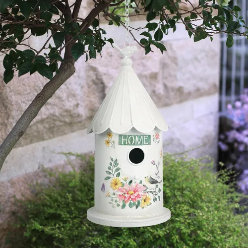 Vista 7 de Casas de pájaros colgantes de metal para exteriores, casitas de pájaros para exteriores, nido de pájaros único para pájaros azules, pajarillos
