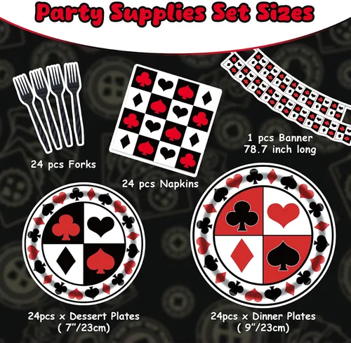 Vista 2 de Kit de suministros de fiesta de casino para 24 invitados, 97 piezas, incluyendo platos, tenedores, servilletas, banderines, ideal para noches