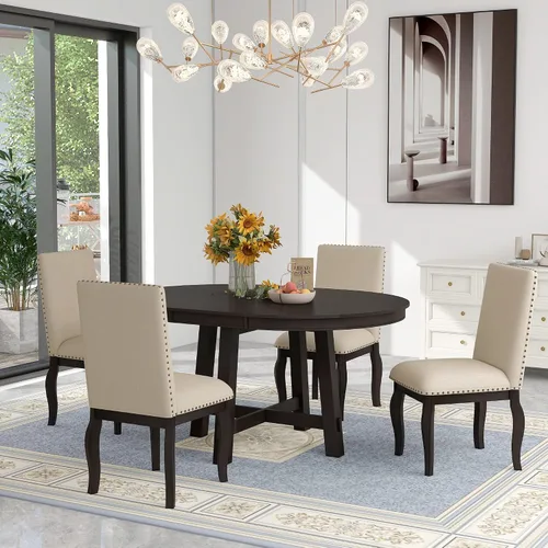 Vista 22 de Farmhouse - Juego de mesa de comedor de 5 piezas, mesa de comedor redonda extensible con 4 cómodas sillas tapizadas, juego de muebles funcionales