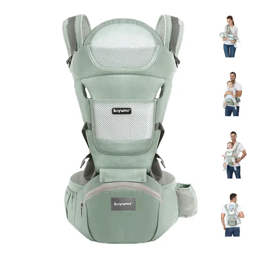 Vista 12 de KIYUMI Portabebés con asiento de cadera, posición M ergonómica, de recién nacido a niño pequeño, soporte para la cabeza y malla transpirable