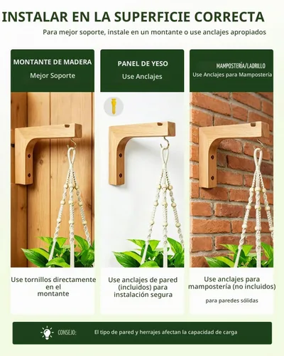 Vista 4 de Colgador de plantas de macramé, macetas colgantes de pared para plantas de interior, ganchos de madera para macetas al aire libre, carillón