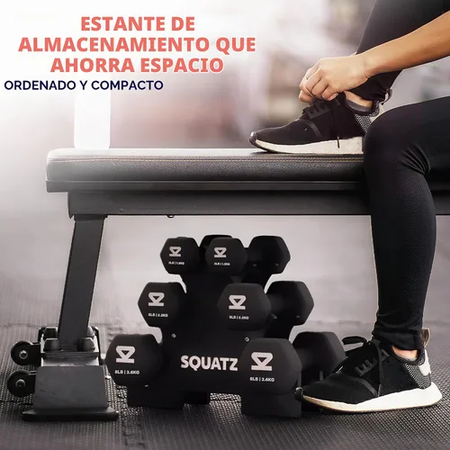 Vista 6 de SQUATZ Juego de mancuernas con soporte, pesas recubiertas de neopreno de 32 libras en color gris, negro y naranja, forma hexagonal antideslizantes