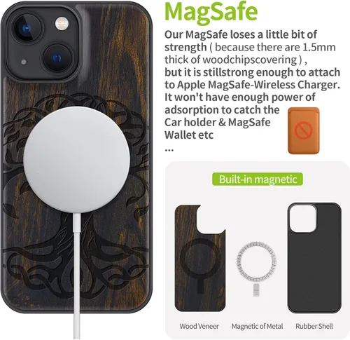 Vista 7 de Carveit Funda magnética de madera para iPhone 13 Mini, madera real dura y TPU suave, funda protectora híbrida de madera única y elegante a prueba
