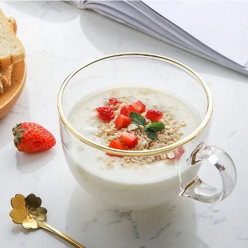 Vista 4 de Tazas de té de vidrio con borde dorado, tazas de café de 16 onzas, cuencos de yogur con cucharas, juego de 2