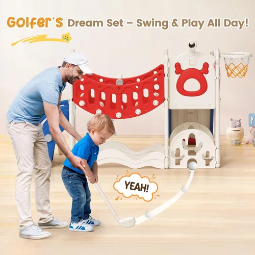 Vista 4 de Tobogán para niños, juego 10 en 1 para niños pequeños, nueva actualización con tobogán para niños, tabla de dibujo, juego de golf, aro de baloncesto