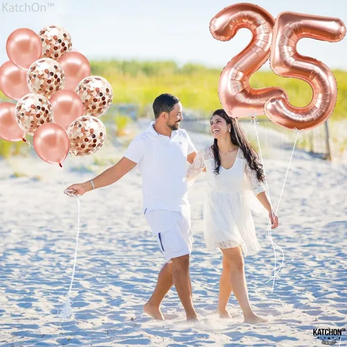 Vista 7 de KatchOn, Globos de oro rosa con el número 25, 40 pulgadas, decoraciones de cumpleaños de 25 para mujer, globos de cumpleaños de 25 años