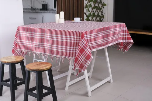 Vista 2 de DESTALYA Mantel a cuadros de 63 x 63 pulgadas, 100% algodón, a cuadros, con flecos de borlas, decoración rústica de cocina y comedor (rojo y blanco)