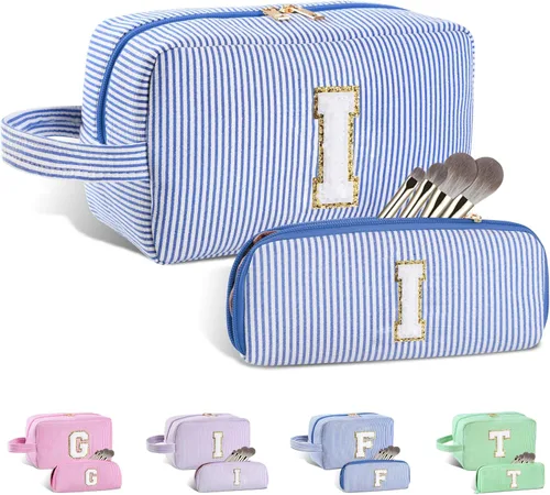 Vista 9 de Bolsa de maquillaje personalizada con inicial A-Z para mujeres, niñas y niños, bolsa de aseo de viaje, bolsa de maquillaje preparada, bolsa