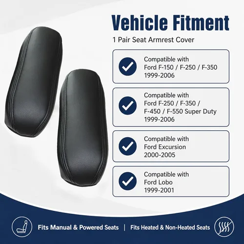 Vista 6 de NLQR 2 piezas fundas de repuesto para reposabrazos de asiento de cuero negro compatibles con Ford F150 F250 F350 F450 F550 Excursion 1999 2000 2001