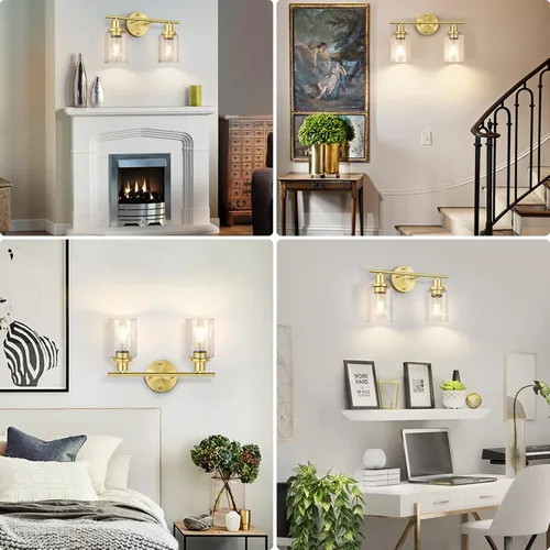 Vista 8 de Lámparas de baño, lámpara de tocador de latón cepillado de 2 luces, apliques de pared dorados, iluminación moderna de pared de baño montada en pared