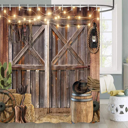 Vista 24 de Cortina de ducha de puerta de granero de madera rústica, 60 x 70 pulgadas, beige