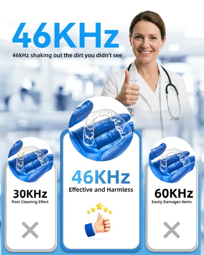 Vista 2 de BCOM Limpiador de retenedores, limpiador de joyas máquina ultrasónica de 46 kHz, limpiador de joyas y retenedores 2 en 1, limpieza dental portátil