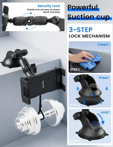 Vista 6 de OHLPRO Soporte para tablet para tablero de automóvil y parabrisas, soporte para iPad con ventosa, rotación de 360°, soporte retráctil ajustable