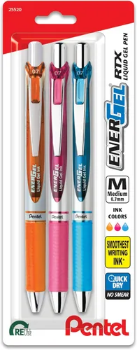 Vista 7 de Pentel EnerGel RTX Bolígrafos de tinta de gel, punta de metal de 0.7mm, tinta color negro / rojo / azul, paquete de 3 (BL77BP3M), surtido