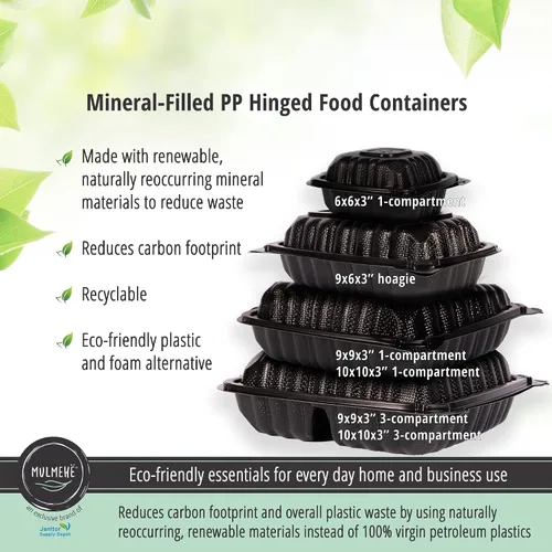 Vista 3 de MULMEHË Recipientes de comida para llevar con bisagras de plástico de polipropileno relleno mineral ecológico, 6 x 6 x 3, compartimento único