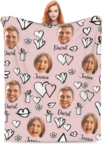 Vista 8 de Manta de fotos personalizada para parejas, 30 x 40 pulgadas, divertida manta de franela de forro polar suave con patrón de corazón sin costuras