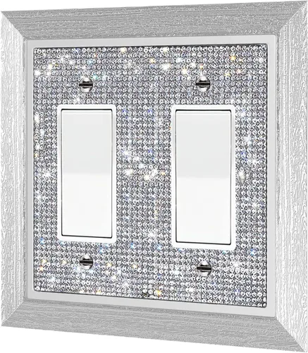 Vista 21 de Placa decorativa de interruptor de luz con diamantes de imitación brillantes en rosa y plata, cubierta de placa de pared con diamantes de imitación