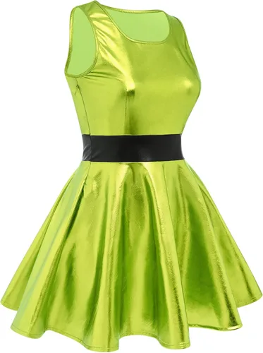 Vista 5 de IBAKOM Vestido skater metálico brillante para mujer, vestido holográfico de los años 80, disfraz de Halloween, vestido plisado de aspecto húmedo