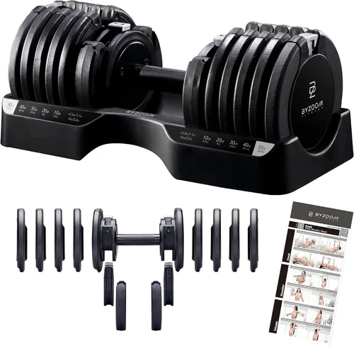 Vista 18 de ByZoom Fitness - Mancuerna ajustable de 12.5/25 libras – Unidad individual O juego de 2 – Peso ajustable 5-en-1 para gimnasio en casa, entrenamiento