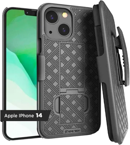 Vista 9 de Diseñada para iPhone 14 Plus - Funda con clip para cinturón y funda tipo pistolera - Funda protectora con soporte para teléfono - Negro (Puntos)