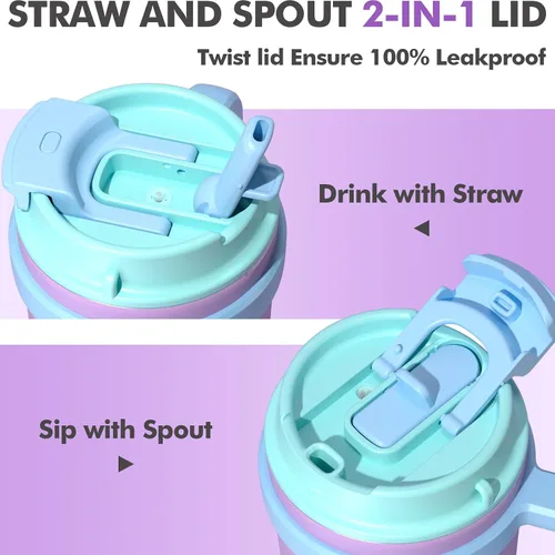 Vista 4 de Fimibuke Taza térmica para niños con asa y pajita - 16 oz Vaso a prueba de fugas para niños pequeños con tapa 2-en-1 de sorbo/trago, sin BPA