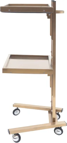 Vista 5 de Xuthusman Bandeja plegable de 2 niveles, carrito de 4 ruedas, estante de almacenamiento con bandeja de servicio de acero inoxidable (dorado)