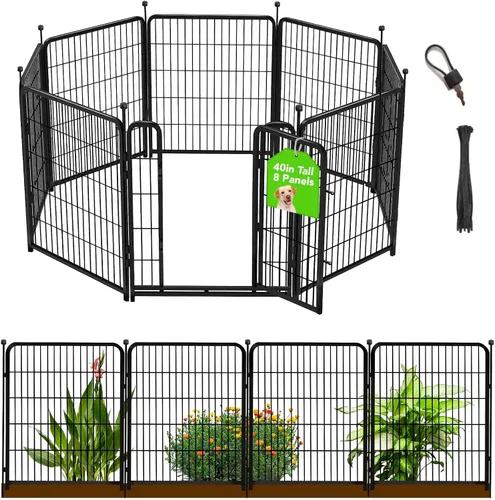 Vista 24 de Vallas Decorativas de Jardín de 24 pulgadas (H) con Puerta, 8 Paneles Total 15.7 pies (L) Valla de Barrera de Hierro Resistente para Animales