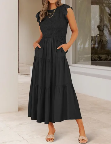 Vista 3 de ZESICA - Vestido por debajo de la rodilla para mujer, diseño informal y escalonado de manga corta, con cuello redondo y cintura elástica fruncida