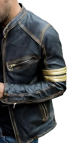 Vista 2 de Chaqueta de cuero negro para hombre - Vintage Biker Cafe Racer Real Lambskin Negro Chaquetas de motocicleta para hombre