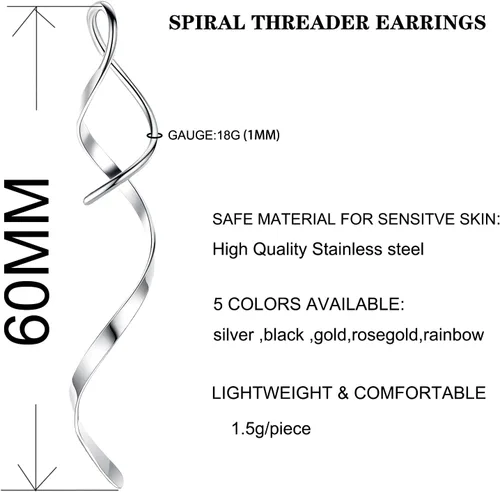 Vista 3 de Aretes de enhebrador en espiral, de acero inoxidable de 0.63 oz, hechos a mano, trenzados, lineales, curvados, colgantes minimalistas