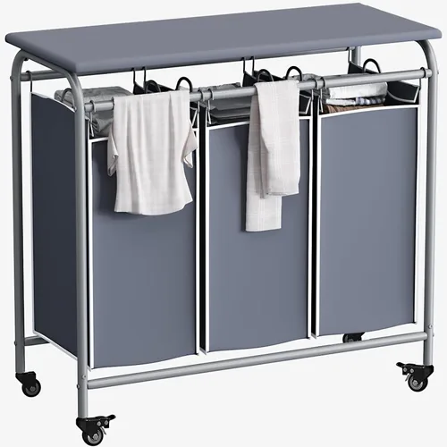 Vista 16 de LINZINAR Clasificador de ropa sucia de 3 bolsas, carrito de lavandería con ruedas enrollables resistentes y bolsas extraíbles (gris) Laundry Room
