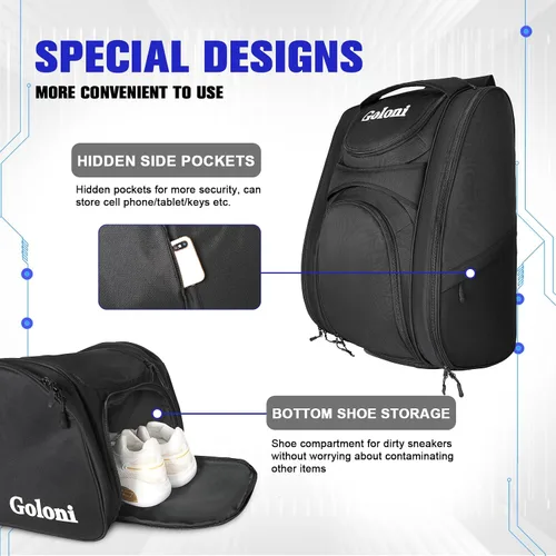 Vista 7 de Goloni Pickleball Bag Padel Racket Backpack Large Capacity for Men Women Separate Waterproof Shoes Compartment Pickleball Accessories -Thermal
