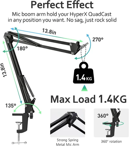 Vista 2 de Para Fifine K688 Boom Arm - Brazo de micrófono ajustable con gestión de cables, brazo de micrófono con adaptador de 3/8 a 5/8 pulgadas compatible