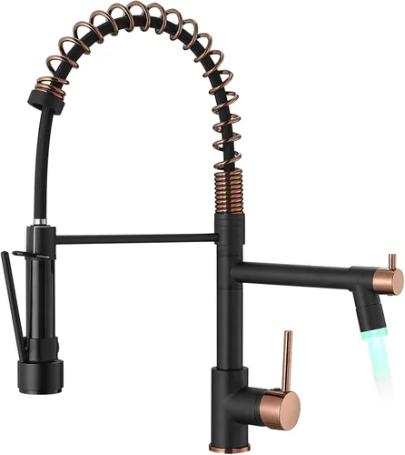 Vista 26 de AIMADI - Grifo de cocina, grifo de cocina negro y dorado con rociador, grifo de cocina estilo comercial de una sola manija, color negro mate, con un