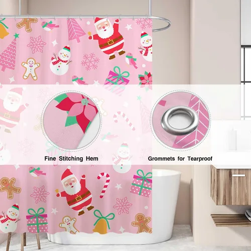 Vista 3 de Allenjoy Cortina de ducha de Navidad rosa de 72 x 72 pulgadas para niña, juego de baño de Feliz Navidad, invierno, Papá Noel, muñeco de nieve