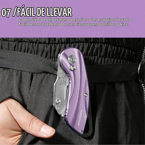 Vista 7 de FantastiCAR - Cortador de caja plegable, cuchillo utilitario con 5 cuchillas adicionales (morado)