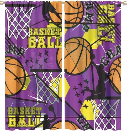 Vista 32 de Cortinas deportivas de baloncesto para niños, patrón de llama de bola 3D naranja, 42 pulgadas de ancho x 45 pulgadas de largo