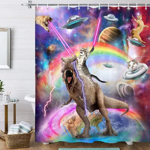 Vista 14 de Divertida cortina de ducha con diseño de gato con gorila en la selva, decoración de baño de animales humorísticos en blanco y negro, juego